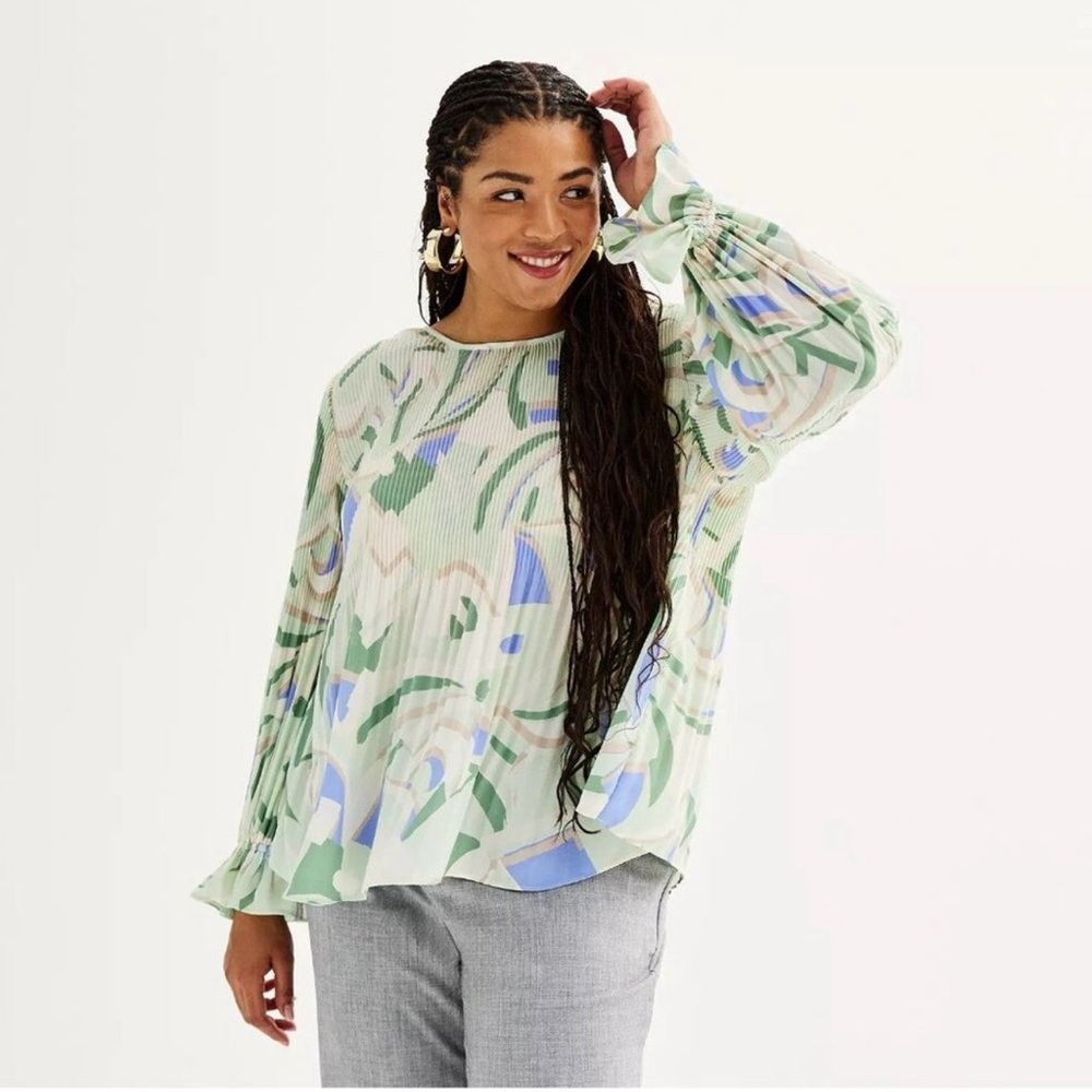 Nine West Mint Green Flutter Sleeve Pastel Pleated Plus Size Blouse